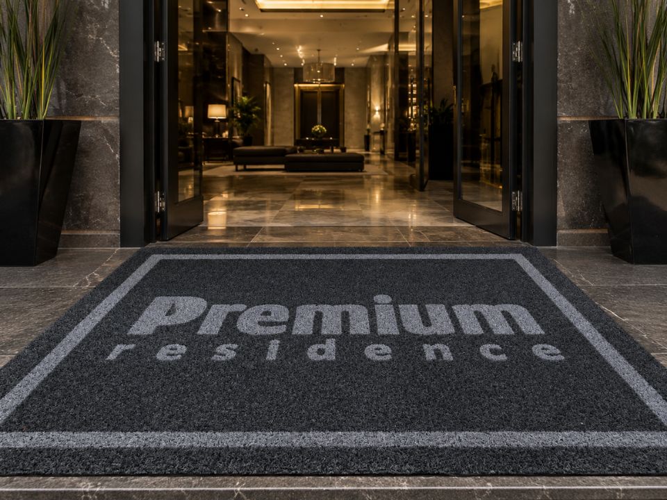 Capacho personalizado cinza escuro com bordas em relevo e o texto Premium Residence, posicionado na entrada de um hall sofisticado com piso de mármore, plantas ornamentais em vasos pretos e porta de vidro aberta revelando um lobby iluminado, fotografia realista de ambiente residencial de alto padrão